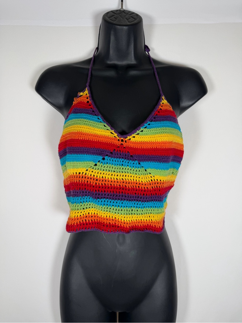 Ralph Lauren Vintage 90s Y2K Rainbow Crochet Hand Knit Babydoll‎ No Back Halter